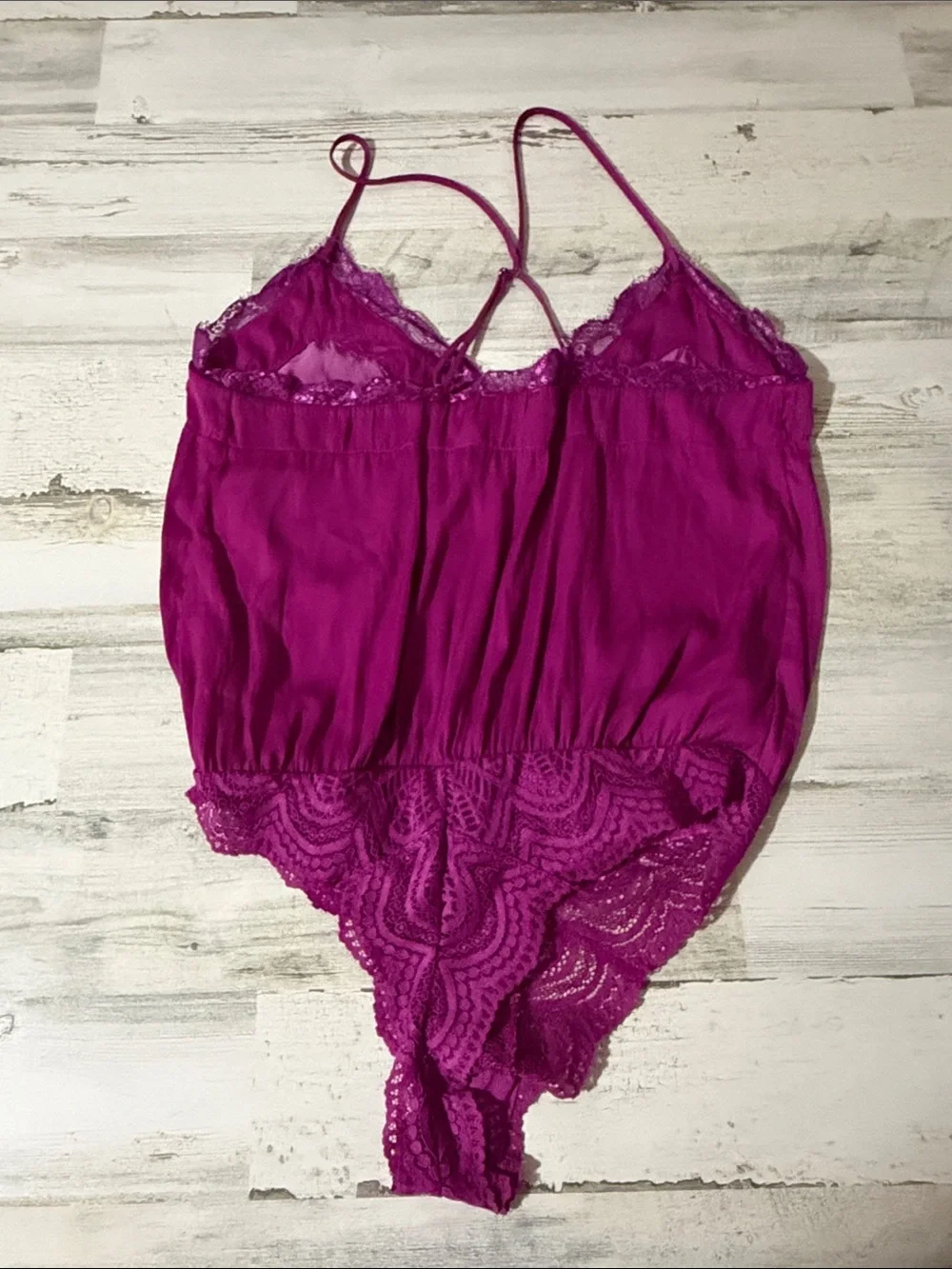 Free People Magenta Lace-Trim Satin-Look Bodysuit Size M